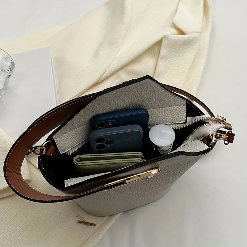 Elegant Beige Bucket Bag. Golden Lock & Adjustable Strap.