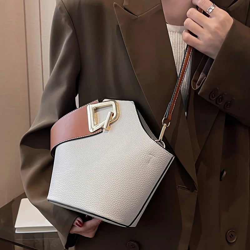 Elegant Beige Bucket Bag. Golden Lock & Adjustable Strap.