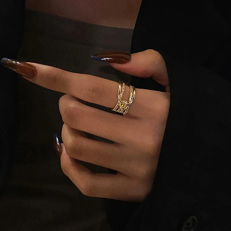 Irregular Hollow Opening Rings For Women Shiny Zircon Gold Color Copper Geometric Ring Fashion Simple Party Jewelry Gift