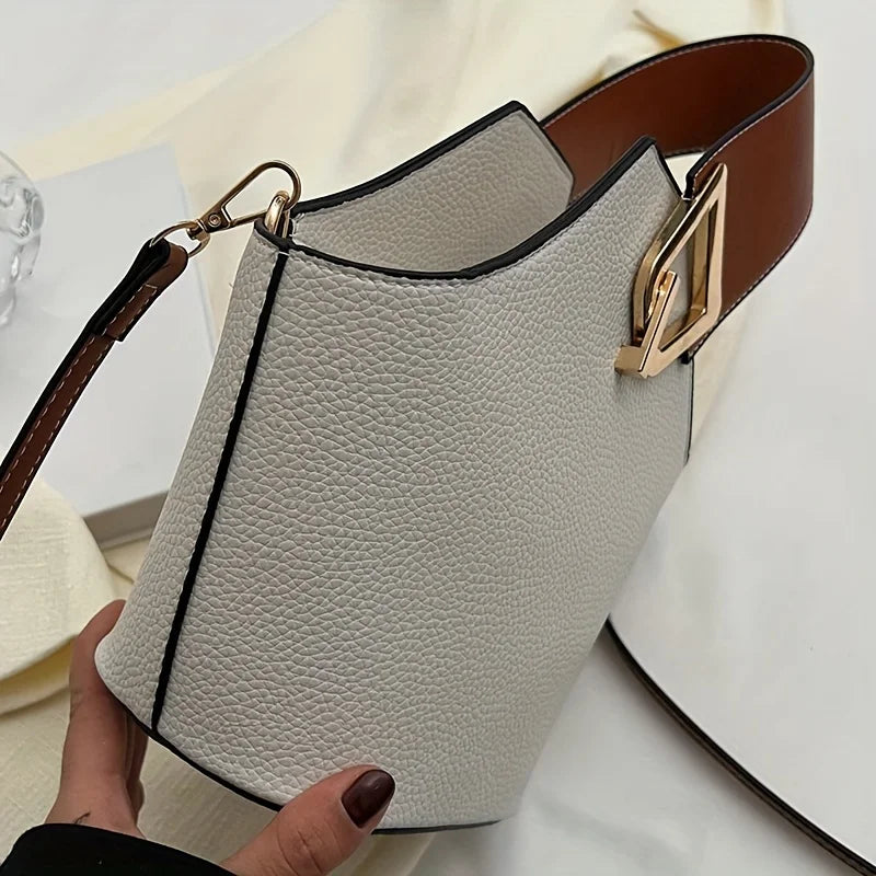 Elegant Beige Bucket Bag. Golden Lock & Adjustable Strap.