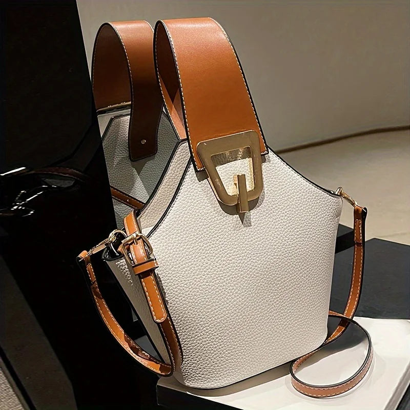 Elegant Beige Bucket Bag. Golden Lock & Adjustable Strap.