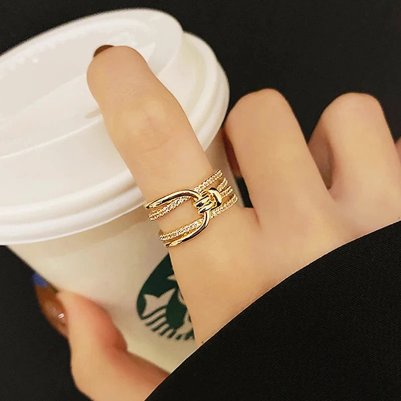 Irregular Hollow Opening Rings For Women Shiny Zircon Gold Color Copper Geometric Ring Fashion Simple Party Jewelry Gift
