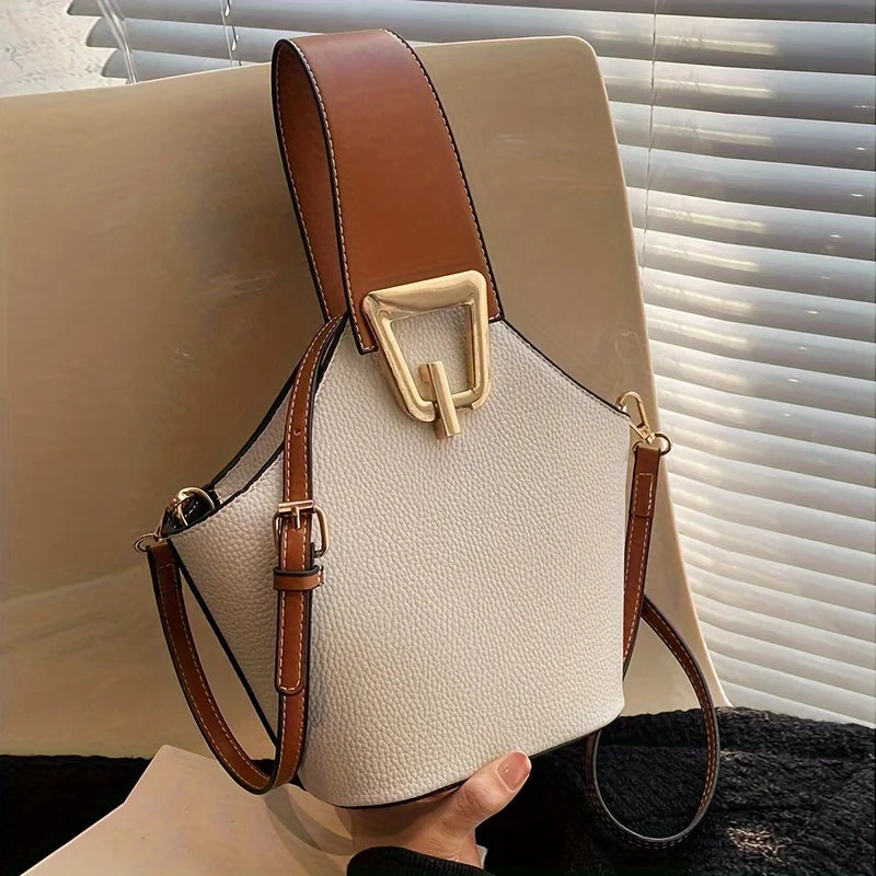 Elegant Beige Bucket Bag. Golden Lock & Adjustable Strap.