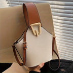 Elegant Beige Bucket Bag. Golden Lock & Adjustable Strap.